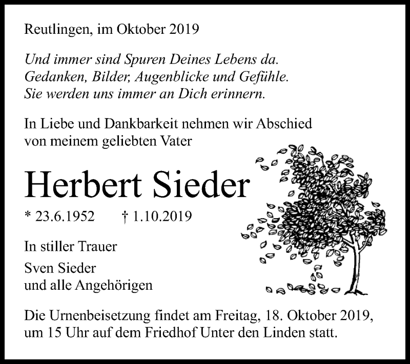  Traueranzeige für Herbert Sieder vom 15.10.2019 aus Reutlinger General-Anzeiger