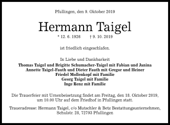 Anzeige von Hermann Taigel von Reutlinger General-Anzeiger