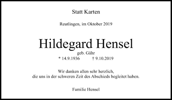 Anzeige von Hildegard Hensel von Reutlinger General-Anzeiger