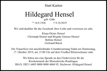 Anzeige von Hildegard Hensel von Reutlinger General-Anzeiger