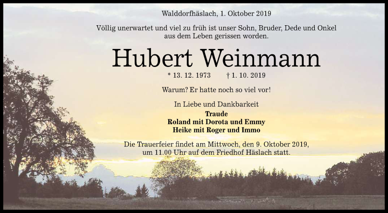  Traueranzeige für Hubert Weinmann vom 05.10.2019 aus Reutlinger General-Anzeiger