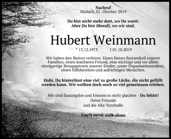Anzeige von Hubert Weinmann von Reutlinger General-Anzeiger