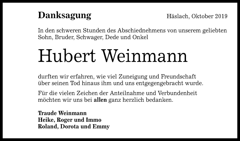  Traueranzeige für Hubert Weinmann vom 18.10.2019 aus Reutlinger General-Anzeiger