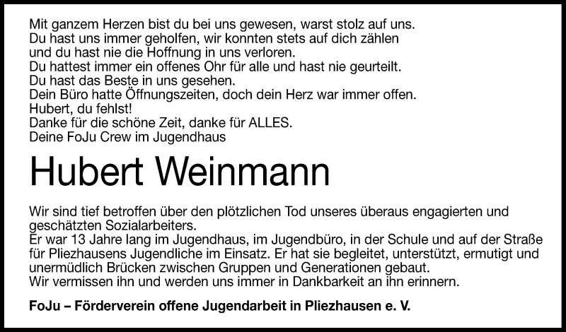  Traueranzeige für Hubert Weinmann vom 08.10.2019 aus Reutlinger General-Anzeiger