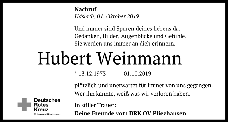  Traueranzeige für Hubert Weinmann vom 09.10.2019 aus Reutlinger General-Anzeiger