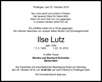 Anzeige von Ilse Lutz von Reutlinger General-Anzeiger