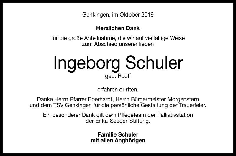  Traueranzeige für Ingeborg Schuler vom 02.10.2019 aus Reutlinger General-Anzeiger