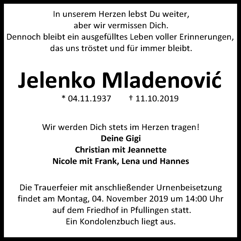 Traueranzeige für Jelenko Mladenovic vom 19.10.2019 aus Reutlinger General-Anzeiger