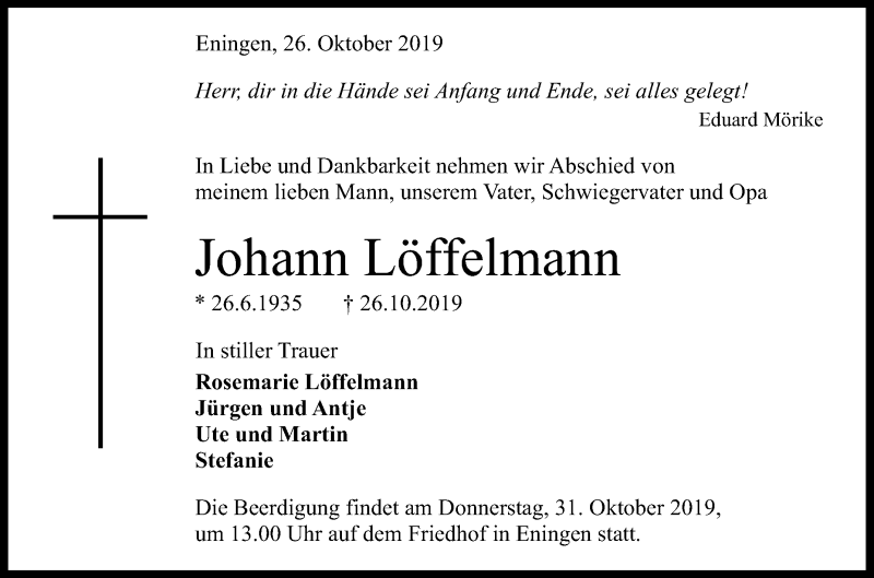  Traueranzeige für Johann Löffelmann vom 29.10.2019 aus Reutlinger General-Anzeiger