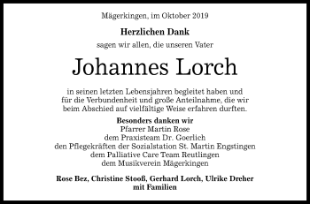 Anzeige von Johannes Lorch von Reutlinger General-Anzeiger