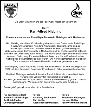 Anzeige von Karl-Alfred Niebling von Reutlinger General-Anzeiger
