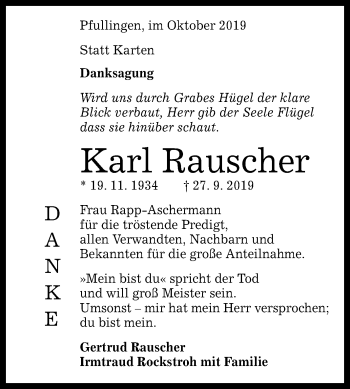 Anzeige von Karl Rauscher von Reutlinger General-Anzeiger