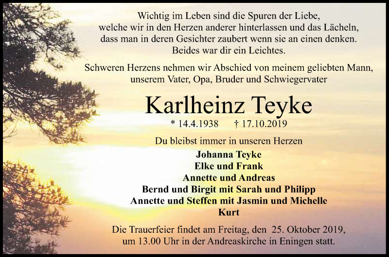  Traueranzeige für Karlheinz Teyke vom 22.10.2019 aus Reutlinger General-Anzeiger