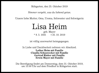 Anzeige von Lisa Heim von Reutlinger General-Anzeiger