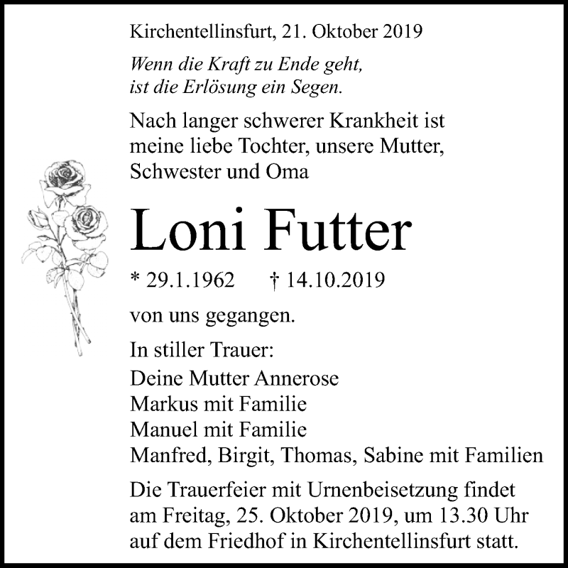  Traueranzeige für Loni Futter vom 21.10.2019 aus Reutlinger General-Anzeiger