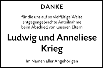 Anzeige von Ludwig und Anneliese Krieg von Reutlinger General-Anzeiger