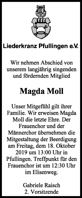 Anzeige von Magda Moll von Reutlinger General-Anzeiger