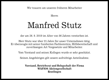 Anzeige von Manfred Stutz von Reutlinger General-Anzeiger