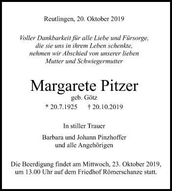 Anzeige von Margarete Pitzer von Reutlinger General-Anzeiger