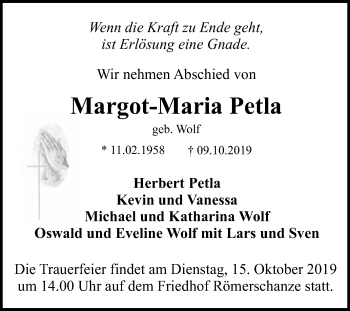 Anzeige von Margot-Maria Petla von Reutlinger General-Anzeiger