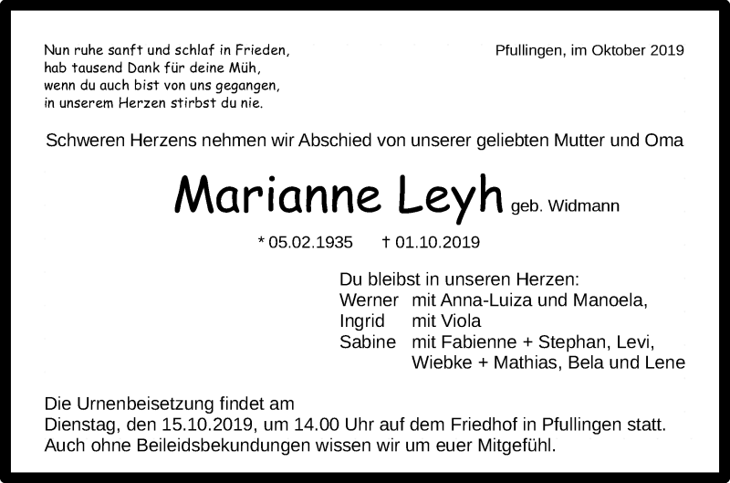  Traueranzeige für Marianne Leyh vom 12.10.2019 aus Reutlinger General-Anzeiger