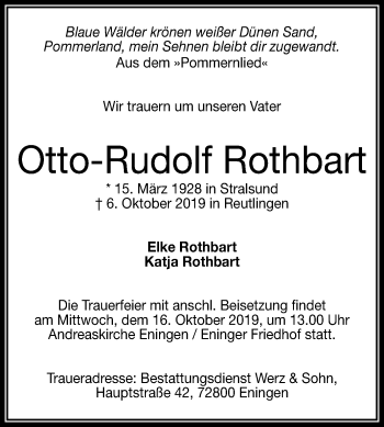 Anzeige von Otto-Rudolf Rothbart von Reutlinger General-Anzeiger