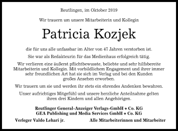 Anzeige von Patricia Kozjek von Reutlinger General-Anzeiger