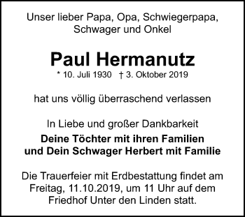 Anzeige von Paul Hermanutz von Reutlinger General-Anzeiger