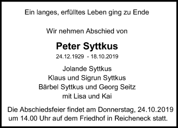 Anzeige von Peter Syttkus von Reutlinger General-Anzeiger