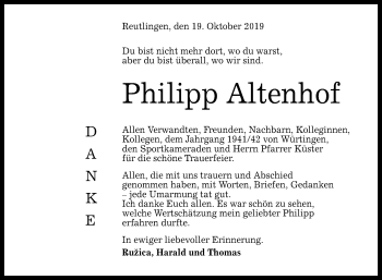 Anzeige von Philipp Altenhof von Reutlinger General-Anzeiger