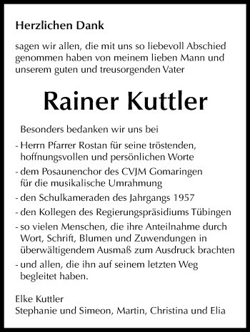 Anzeige von Rainer Kuttler von Reutlinger General-Anzeiger