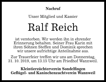 Anzeige von Ralf Reich von Reutlinger General-Anzeiger