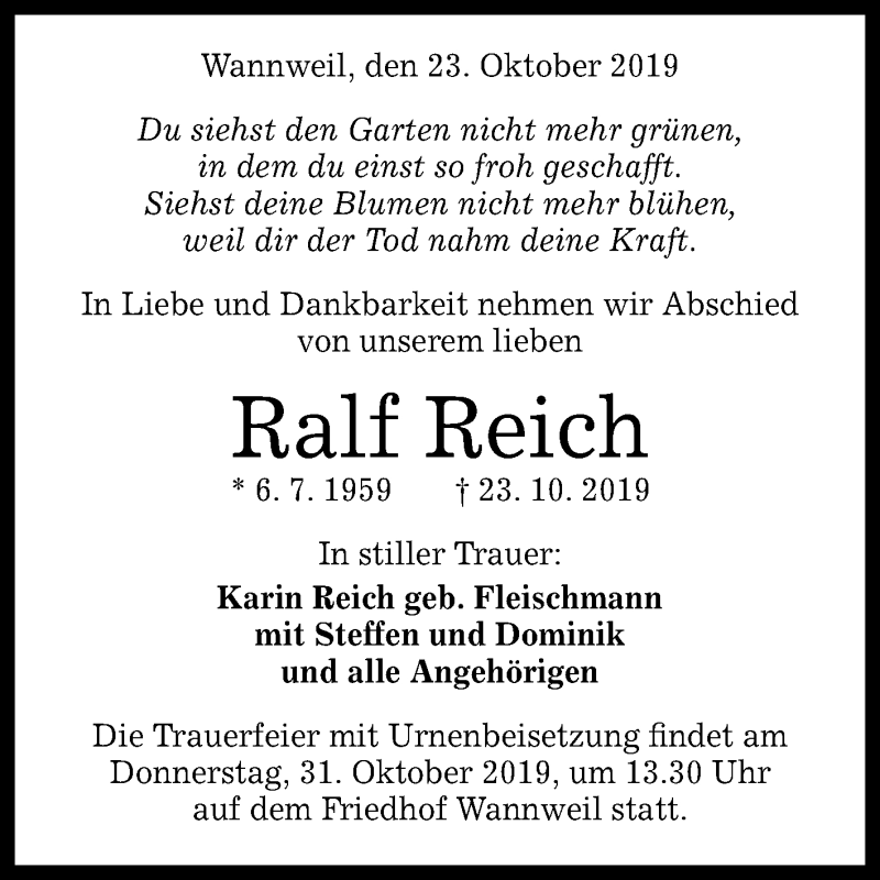  Traueranzeige für Ralf Reich vom 26.10.2019 aus Reutlinger General-Anzeiger