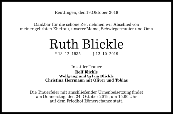 Anzeige von Ruth Blickle von Reutlinger General-Anzeiger