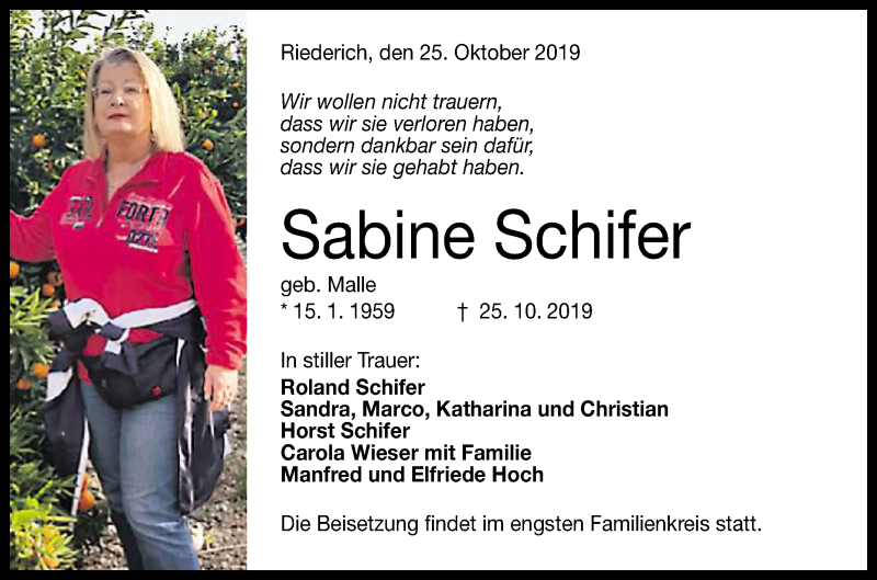  Traueranzeige für Sabine Schifer vom 29.10.2019 aus Reutlinger General-Anzeiger