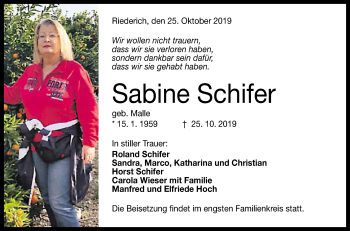 Anzeige von Sabine Schifer von Reutlinger General-Anzeiger