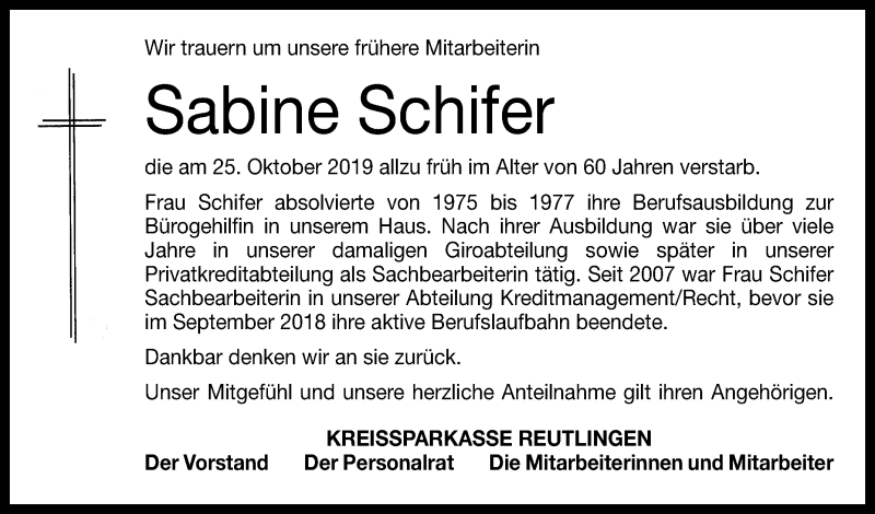  Traueranzeige für Sabine Schifer vom 30.10.2019 aus Reutlinger General-Anzeiger