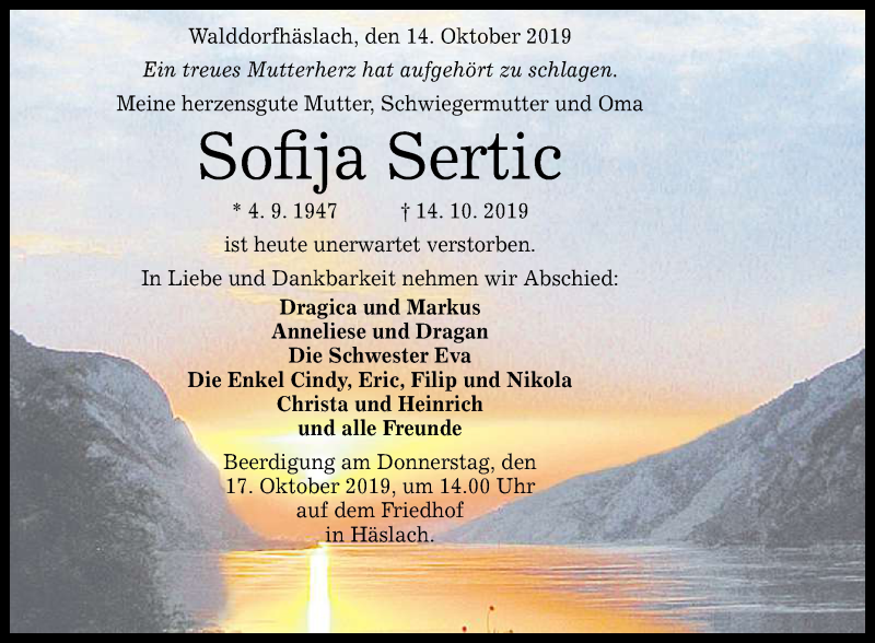  Traueranzeige für Sofija Sertic vom 16.10.2019 aus Reutlinger General-Anzeiger