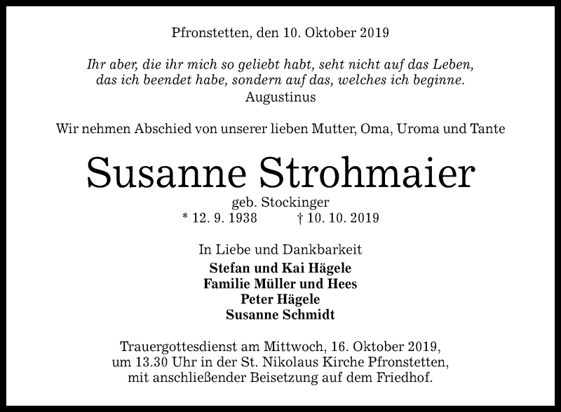  Traueranzeige für Susanne Strohmaier vom 15.10.2019 aus Reutlinger General-Anzeiger