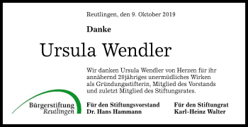 Anzeige von Ursula Wendler von Reutlinger General-Anzeiger