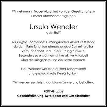Anzeige von Ursula Wendler von Reutlinger General-Anzeiger