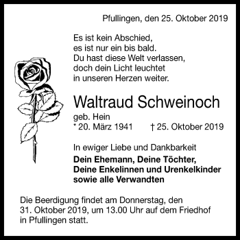 Anzeige von Waltraud Schweinoch von Reutlinger General-Anzeiger