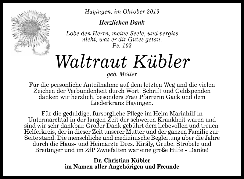  Traueranzeige für Waltraut Kübler vom 12.10.2019 aus Reutlinger General-Anzeiger