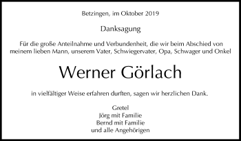 Anzeige von Werner Görlach von Reutlinger General-Anzeiger