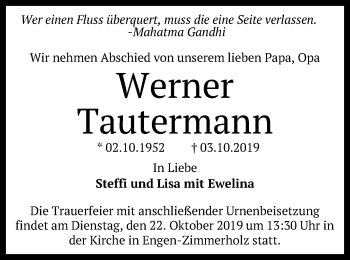 Anzeige von Werner Tautermann von Reutlinger General-Anzeiger
