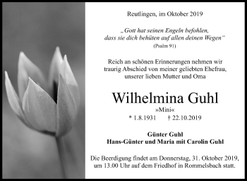 Anzeige von Wilhelmina Guhl von Reutlinger General-Anzeiger