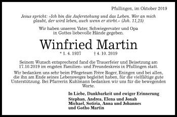 Anzeige von Winfried Martin von Reutlinger General-Anzeiger