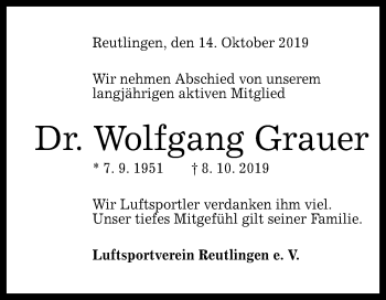 Anzeige von Wolfgang Grauer von Reutlinger General-Anzeiger