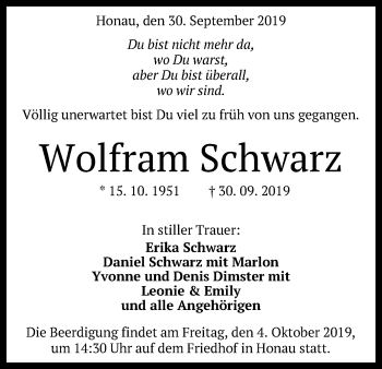 Anzeige von Wolfram Schwarz von Reutlinger General-Anzeiger