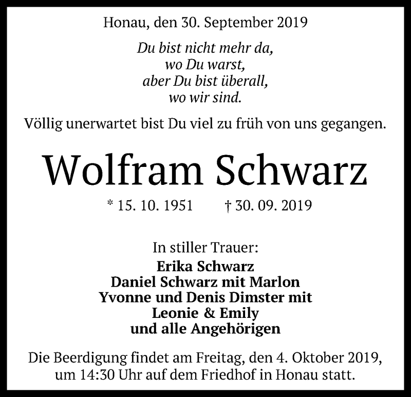  Traueranzeige für Wolfram Schwarz vom 02.10.2019 aus Reutlinger General-Anzeiger